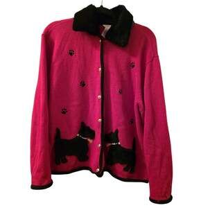 Vtg Red Scottie Dog Cardigan Sweater Removable Faux Fur Collar Crystal Kobe L